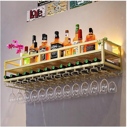 LED Wine Rack Wall Mounted, Industrial Metal Wall Wine Shelf & Glass Holder, Large Floating Shelves Wine Bottle Storage Display Rack for Home Bar Dining Room Decor(Gold, 31.5 x 9.8 x 10.6 inch)