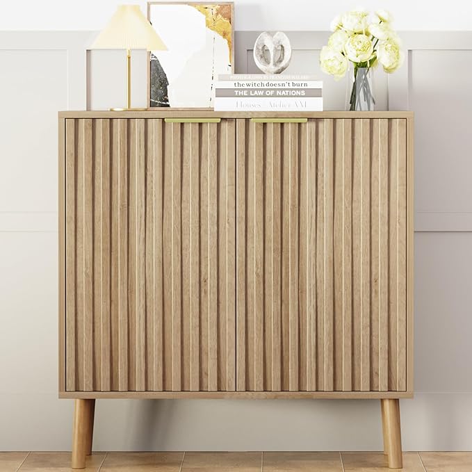 Fluted Storage Cabinet, Free Standing Buffet, Wood Sideboard, Multifunctional Accent Storage for Living Room, Hallway, Entryway, Dining Room (1, Oak)
