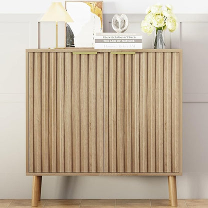 Fluted Storage Cabinet, Free Standing Buffet, Wood Sideboard, Multifunctional Accent Storage for Living Room, Hallway, Entryway, Dining Room (1, Oak)