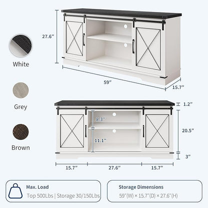 GarveeHome Farmhouse TV Stand for TV up to 65 Inches and Entertainment Center with Sliding Barn Doors and Adjustable Shelf, Tv Media Console Table with Storage Cabinet for Living Room, Bedroom, White