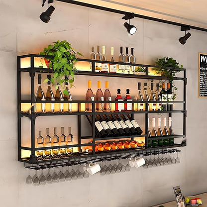 Metal Wall-Mounted Wine Rack with LED Light - 3 Tier Wine Storage Display Rack with Glass Holder - Space-Saving Bottle Display Shelf for Home Bars, Dining Rooms(Black, 39in/100cm)