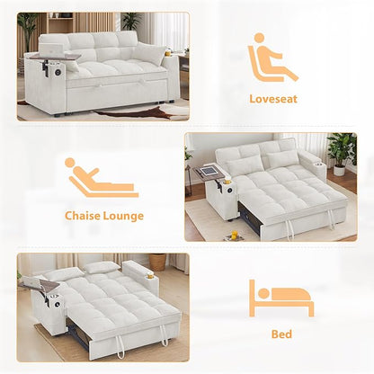 65-inch Multifunctional Loveseat Pull Out Sleeper Sofabed W/Cupholders, Oversized 3-in-1 Convertible Love Seat with Pull-Out Sleeper Couch Bed, Storage, USB Ports, Side Table for Living Room Bedroom