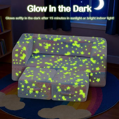 Lamerge Toddler Couch Glow in The Dark Toddler Fold Out Couch for playroom, Convertible Baby Fold Out Play Foam and Floor Cushion for Bedroom (Rainbow+Unicorn)