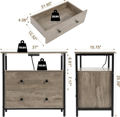 27 inch Wide Nightstand with Charging Station, Bedside Table with Open Shelf, 2 Drawers Small Wood Dresser, End Side Table for Bedroom (Rustic Gray)