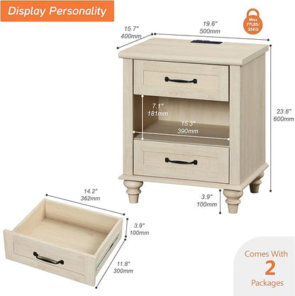 WAMPAT Set of 2 End Tables with Charging Station, 2 Drawer Nightstand for Bedroom with Storage Shelf, 2 Pack Wooden End Tables Bedside Table for Living Room, Beige