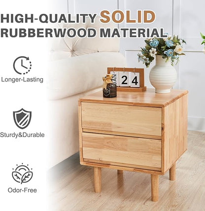 Uniclinens Nightstand with 2 Drawers Storage, 19" Modern Solid Rubberwood Bedside Table for Bedroom, Sofa Side Table End Tables Living Room, Natural