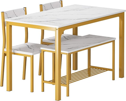 soges 4 Person Dining Table Set,43.3 inch Kitchen Table Set for 4,2 Chairs with Backrest,2-Person Bench with Storage Rack,Nesting Furniture Set for Dining Room and Restaurant, White Gold