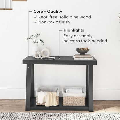 Plank+Beam Solid Wood Console Table with Storage, 46.25 Inch, Sofa Table with Shelf, Narrow Entryway Table for Hallway, Behind The Couch, Living Room, Foyer, Easy Assembly, Black
