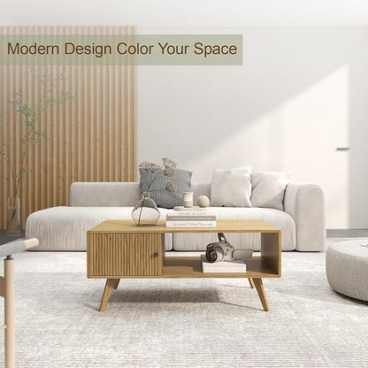 Mid Century Modern Coffee Table with Storage, Light Oak Wood Center Table with Cabinet & Open Shelf, Retro Cocktail Table for Living Room and Small Spaces