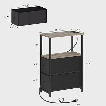 TUTOTAK Small Narrow LED End Table with Charging Station, Side Table Outlets, Nightstand with 2 Cloth Drawers, Set of 2, Couch Table, for Living Room, Bedroom, Bedside, Greige TB01BG056