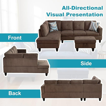 L Shaped Couch Modern Sectional Couch Upholstered Sackcloth Fabric 3 Pieces Sofas for Living Room with Chaise, Storage Ottoman for Office and Small Apartment, Brown