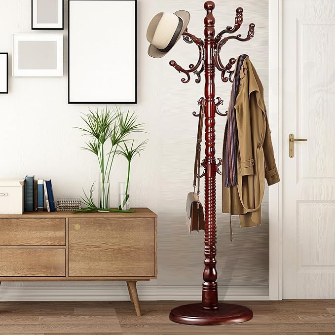 Coat Racks Free Standing with 14 Hooks, Natural Wood Coat Stands for Entryway, Adjustable Height 73 in Tree Coat Rack Stand for Hallway Home Office Bedroom (Mahogany)