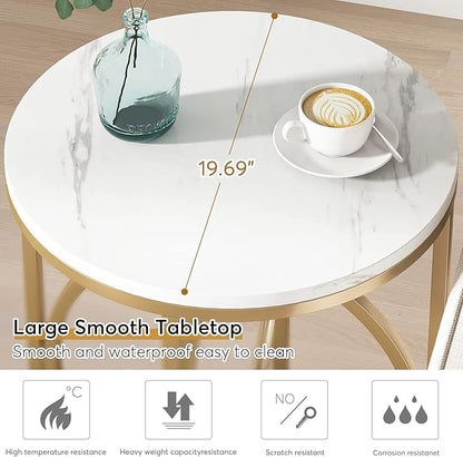 LITTLE TREE 20” Round End Table，Modern Sofa Side Table with Gold O-Shaped Base, Faux Marble White Cocktail Table Accent Table Nightstand for Living Room Bedroom