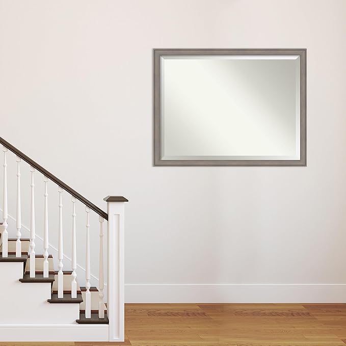 Amanti Art Grey Wall Mirror 34x44 Greywash Rectangle Bathroom Mirror for Wall Decor Living Room, X-Large Country Rustic Wood Frame, Hangs Horizonally and Vertically, Bathroom Decor, Beveled Edge