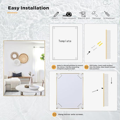 24x32 Inch Brass Bathroom Mirror for Wall, Aluminum Frame Rectangle Rectangular Vanity Mirror, Modern Large for Bedroom, Living Room, Horizontal or Vertical