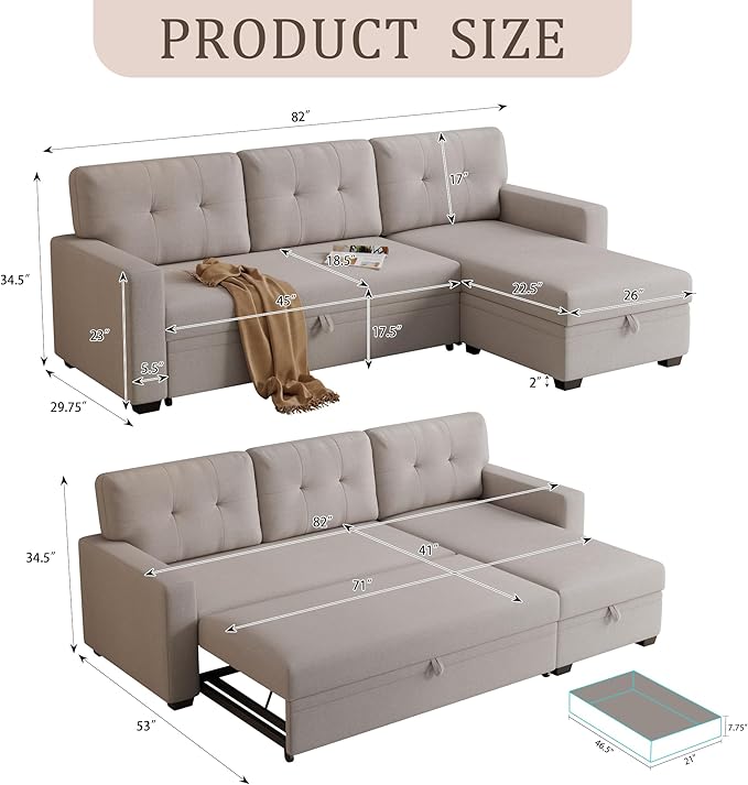 Ball & Cast Convertible Sectional Sleeper Sofa Bed L Shaped 4 in 1 Pull Out Couch with Reversible Storage Chaise & Removable Back Cushions,Sleeper Corner Pull Out Sofa Bed Couch for Living Room,Office