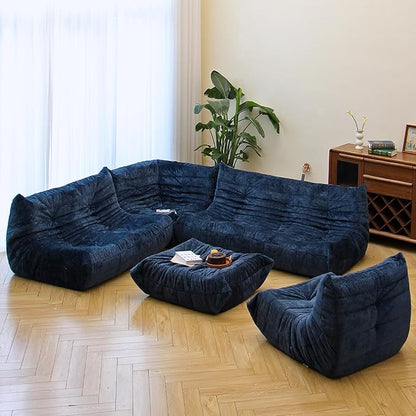 N&V Fireside Chair, Mid Century Armless Floor Sofa, Soft Premium Chenille Floor Lounge Chair, Foam Sofa Accent Chair for Living Room Bedroom and Office (Blue, Three Seater)