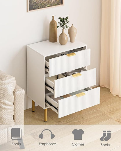 Night Stand,Tall Bedside Table with 3Storage Drawers,White Nightstand,Bedside Furniture,Side Table with Gold Frame,End Table for Bedroom,Living Room (Modern-3drawers, White)