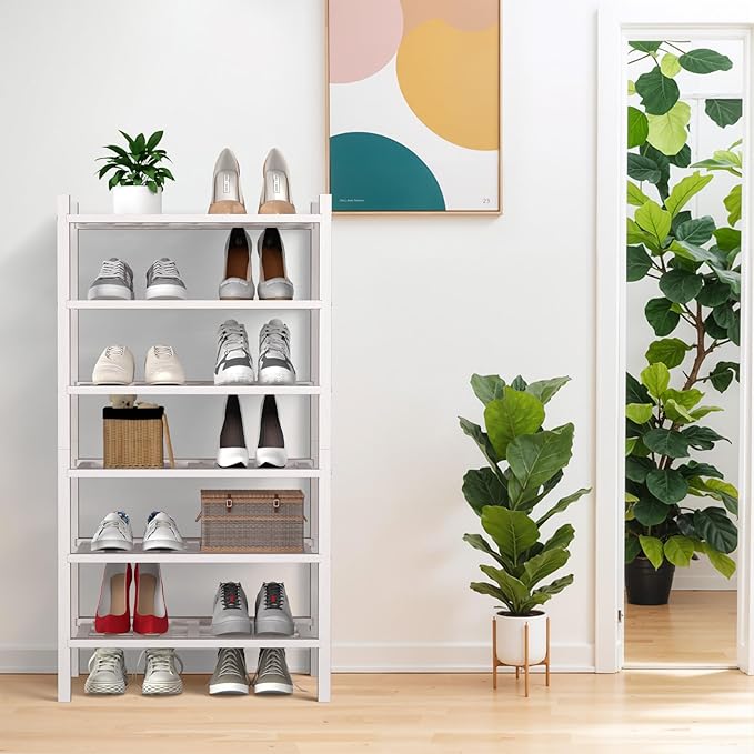 Haddockway small 6 Tier Bamboo Shoe Rack Storage Organizer, Multifunctional Free Standing Stackable Shoe Shelf with Grid Panel for Closet,Hallway,Entryway,Small Space 18"x11"x34"(White, 6-Tier(Small))