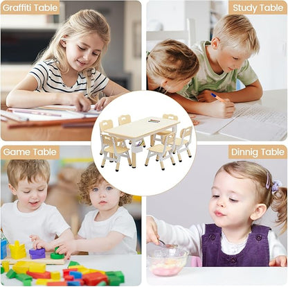 GarveeHome Kids Table and 6 Chairs Set, Height Adjustable Toddler Table and Chair Set, Graffiti Desktop, Children Study Play Dinner Table for Home Daycare Preschool for Ages 2-8, Beige