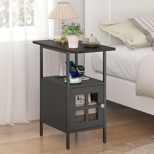 Farmhouse Narrow Side Table with Charging Station - 3-Tier End Table with USB & Outlets Compact Bedside Storage Table for Small Spaces, Multi-Functional Accent Table for Couch Corner Entryway Black