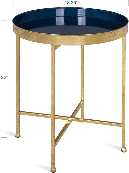 Kate and Laurel Celia Metal Foldable Round Accent Table, 18.25" x 18.25" x 22", Navy Surface and Gold Frame, Modern Minimalist Design and Detachable Magnetic Tabletop