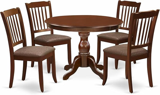East West Furniture HBDA5-MAH-C 5 Piece Dinette Set for 4 Includes a Round Dining Room Table with Pedestal and 4 Linen Fabric Kitchen Dining Chairs, 42x42 Inch, Mahogany