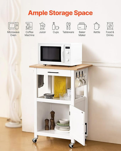 VEVOR Kitchen Island Cart with Single Door Cabinet, Mobile Carts with Drawer, Towel Rack, Hooks, Portable Table on Swivel Wheels, Small Coffee Islands Microwave Stand for Dining Room, 18x23 in, White