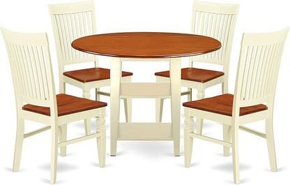 East West Furniture SUWE5-BMK-W 5 Piece Dining Table Set for 4 Includes a Round Kitchen Table with Dropleaf & Shelves and 4 Kitchen Dining Chairs, 42x42 Inch, Buttermilk & Cherry