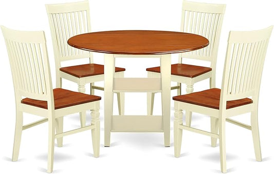 East West Furniture SUWE5-BMK-W 5 Piece Dining Table Set for 4 Includes a Round Kitchen Table with Dropleaf & Shelves and 4 Kitchen Dining Chairs, 42x42 Inch, Buttermilk & Cherry