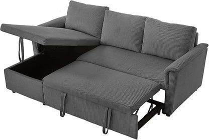 Ball & Cast Reversible Sectional Sofa Couch,L-Shape Sleeper Sofa Bed with Storage Chaise Pull Out Couch for Living Room | Hidden Storage | Pull Out Bed | Removable Backrest | Corduroy Fabric,Gray