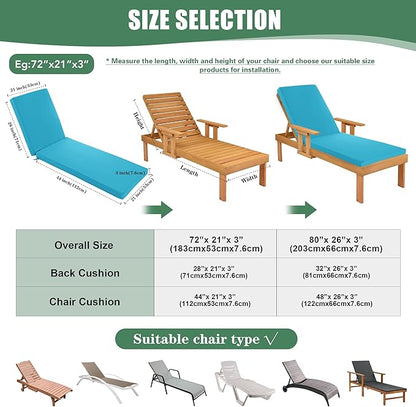 Chaise Lounge Cushions Outdoor - Waterproof and Fade Resistant Sun Lounger Replacement Cushions - Patio Lounger Pads with Removable Cover for Pool, Deck, Lawn, 80 x 26 x 3 Inch, Teal