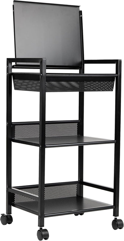 Mind Reader Cart with Covered Compartment, Office Organizer, Storage, 3-Tier, Office, Metal, 15.5" L x 11" W x 28.25" H, Black