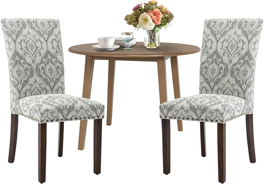 COLAMY 3-Piece Extendable Dining Table Set for 2, 36" Kitchen Round Wood Table with 2 Nailhead Dining Room Chairs,Light Brown/White&Grey Flower