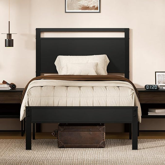Z-hom Upgraded Twin Bed Frames, Heavy Duty Metal Sturdy Bed Frame Twin Size with Modern Wood Headboard & Footboard, Stable Platform Bed Furniture Bed Storage, No Noise, No Box Springs, Black