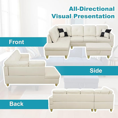 L Shaped Couch Faux Leather Sectional Couch Upholstered 3 Pieces Sofas for Living Room with Chaise, Storage Ottoman for Office and Small Apartment, White