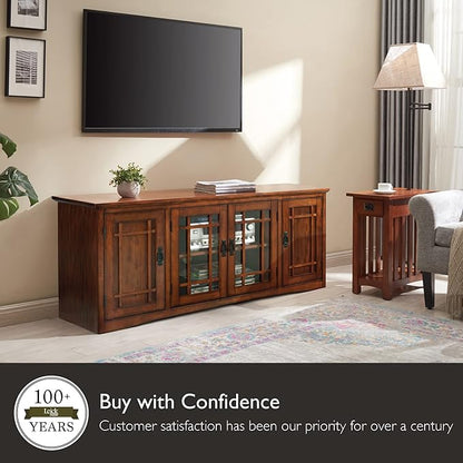 Leick Home 82360 Solid Wood Mission Oak Four Door TV Stand For 65" TVs Universal TV Console Living Room Storage Shelves Entertainment Center, Mission Oak
