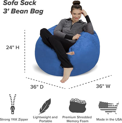 Sofa Sack Bean Bag Chair - Plush, Ultra Soft - Memory Foam Bean Bag Chair with Microsuede Cover - Stuffed Foam Filled Furniture and Accessories for Dorm Room 3 Feet - Royal Blue