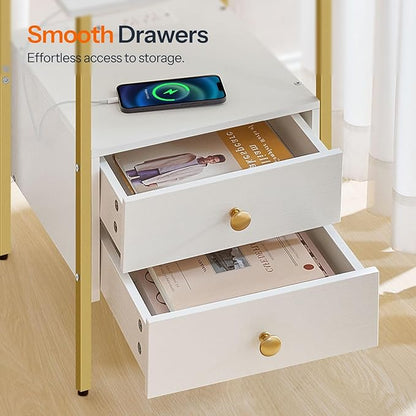 HOOBRO End Table with Charging Station, Bedside Table with 2 Drawer & USB Port & Type-C Port, Nightstand for Small Spaces, Stable and Sturdy, for Living Room, White and Gold DW43UBZ01