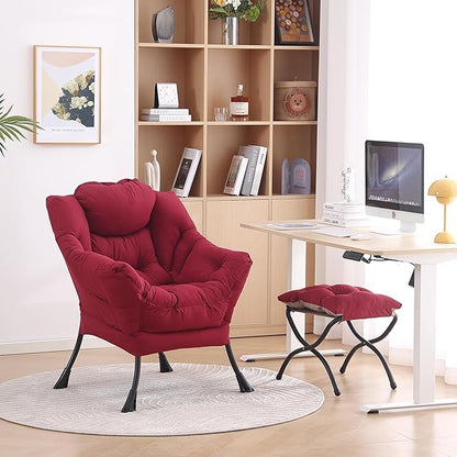 LITA Lazy Chair with Ottoman, Modern Accent Leisure Upholstered Sofa, Contemporary Lounge Reading Chair with Armrests and a Side Pocket for Living Room, Bedroom & Small Space, Burgundy