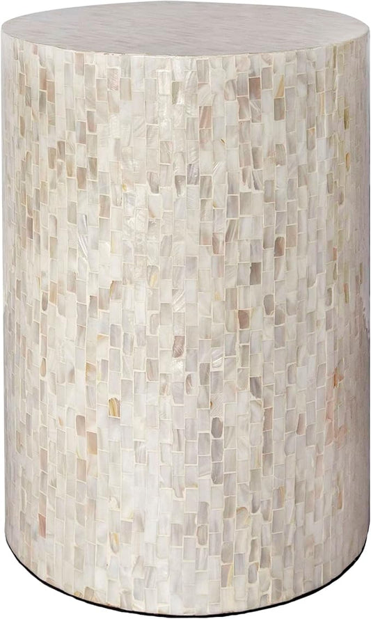 PEMAR Mother of Pearl Cylinder Drum End Table Nacre Side Stool Round Accent Table Coffee Bedside Nightstand and Vanity Stool (Pearl White & Cream)