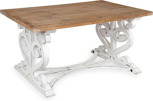 Kate and Laurel Wyldwood Rustic Carved Coffee Table, 38" x 23" x 18", Distressed Brown and White, Farmhouse-Inspired Living Room Decor