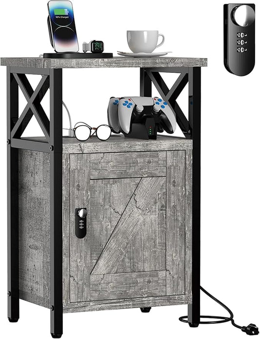 Wooden Nightstand with Lock, Bed Side Table with Drawers, Bedside Table with Charging Station, 3 USB & 2 Outlets, Night Stand with Storage, End Tables for Living Room, Bedroom (Ash Gray)