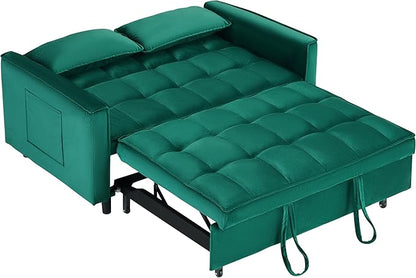 Ball & Cast 55" Convertible Sofa Bed,3 in 1 Sleeper Sofa W/Pull-Out Bed,Convertible Pull Out Couch W/2 Pillows,Adjustable Backrest & Side Pocket,Velvet Futon Couches for Living Room,Apartment,Green