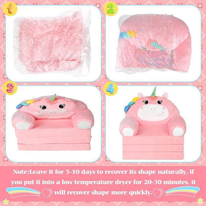 Unicorn Kids Couch Fold Out 2-in-1 Toddler Sofa Fold Out with Blanket, Soft Toddler Chair Comfy for Boys Girls Baby, Convertible Sofa to Lounger for Napping Reading Playing Christmas, Pink