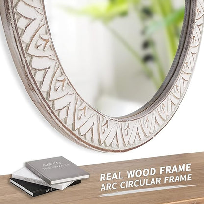 Mirror Round Wood 36 Inch Farmhouse Wood Frame Round Mirror Rustic Large Decorative Wall Mount Bathroom Mirror Antique Hanging Mirror for Living Room, Bedroom, Entryway