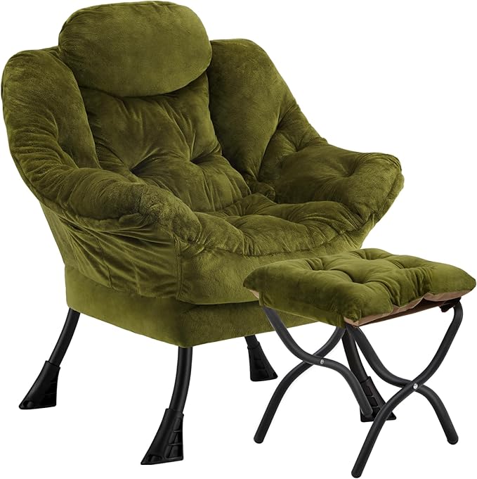 Lazy Chair with Folding Ottoman,Leisure Sofa Chair,Soft Fabric Armchair with Armrests and Side Pockets, Reading Chair with Footrest for Living Room, Bedroom, Office (Plush Green)