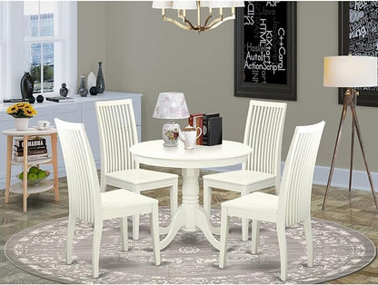 East West Furniture ANIP5-LWH-W 5 Piece Modern Dining Table Set Includes a Round Kitchen Table with Pedestal and 4 Dining Room Chairs, 36x36 Inch, Linen White