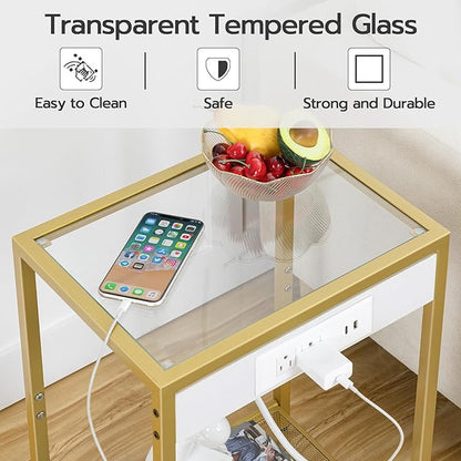 HOOBRO Side Table with Charging Station, Set of 2 End Tables with USB Port, Nightstand for Tight Spaces, Tempered Glass, Modern Metal Frame, for Office, Bedroom, Living Room, Gold GD76UBZP201