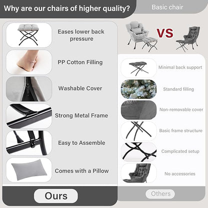 Lazy Chair with Ottoman, Modern Lounge Chair with Lumbar Pillow, Accent Cozy Reading Armchair and Folding Footstool for Bedroom, Dorm, Living Room,Light Grey